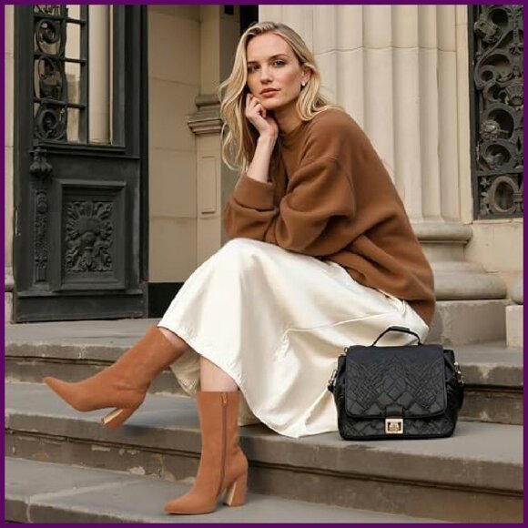 Women's Suede Ankle Boots Pointed Toe 3.35" Heel Wide Calf Winter Booties - Picture 3 of 8